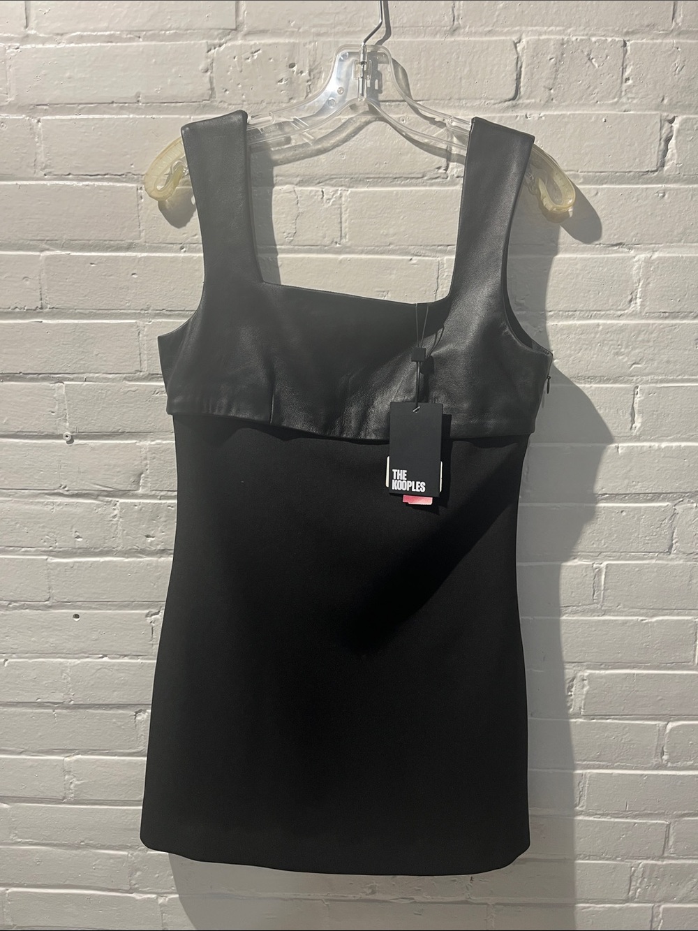 The Kooples Black Faux Leather-Trim Square Neck Mini Dress NWT